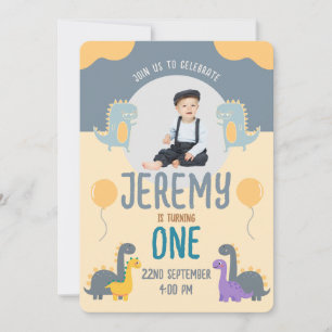 Invitación Foto de dinosaurio amarillo azul primer cumpleaños