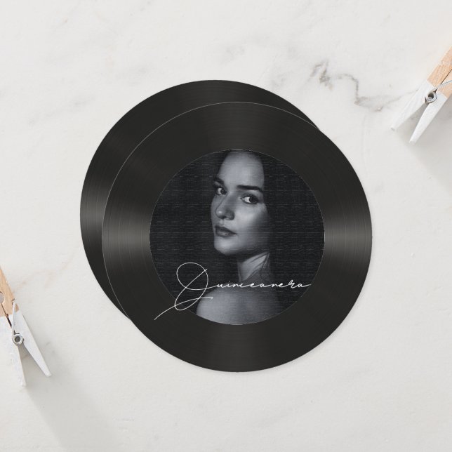 Invitación Foto de disco de vinilo retro Quinceañera (Anverso/Reverso In Situ)