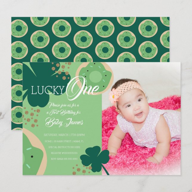 Invitación Foto de donut del primer cumpleaños afortunado de  (Anverso / Reverso)