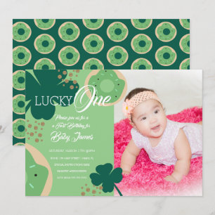 Invitación Foto de donut del primer cumpleaños afortunado de