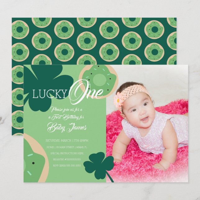 Invitación Foto de donut del primer cumpleaños con suerte de  (Anverso / Reverso)