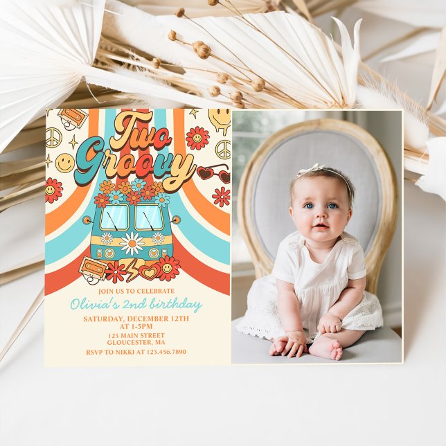 Invitación Foto de dos Fiestas de cumpleaños Groovy Retro Rai (Subido por el creador)