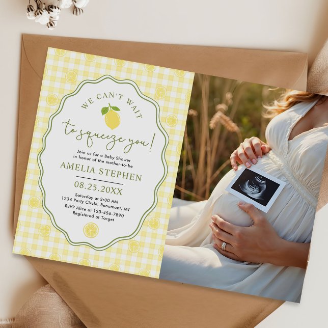 Invitación Foto de ducha de bebé con limón y gingham amarillo (Subido por el creador)