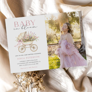 Invitación Foto de ducha de bebé niña con carruaje floral pas