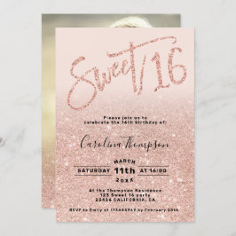 Invitación Foto de dulce 16 con brillo en rosa oro con letra 