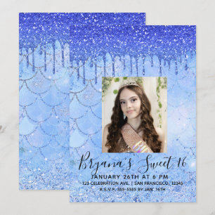Invitación Foto de Dulce 16 Sirena con Goteo de Brillo Azul H