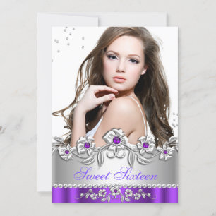 Invitación Foto de Dulces 16 Floral Púrpura Plateado Joya Fie