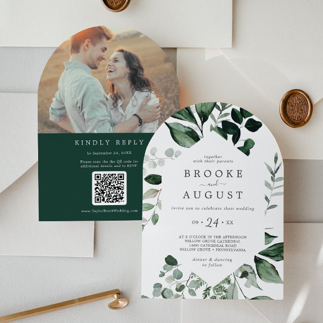Invitación Foto de Emerald Greenery, código QR, Boda del Boho (Emerald Greenery Photo QR Code Boho Arch Wedding Invitation)