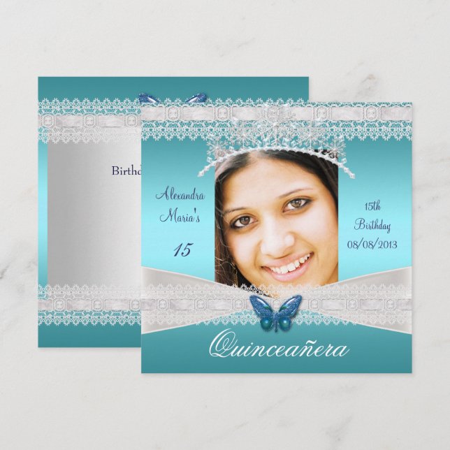Invitación Foto de encaje blanco Verde azulado de Quinceañera (Anverso / Reverso)