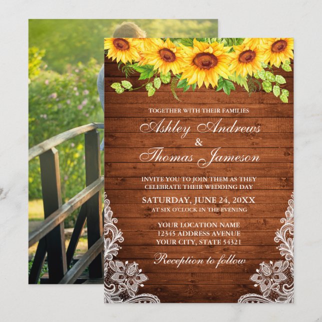 Invitación Foto de encaje floral de girasol de madera rústica (Anverso / Reverso)