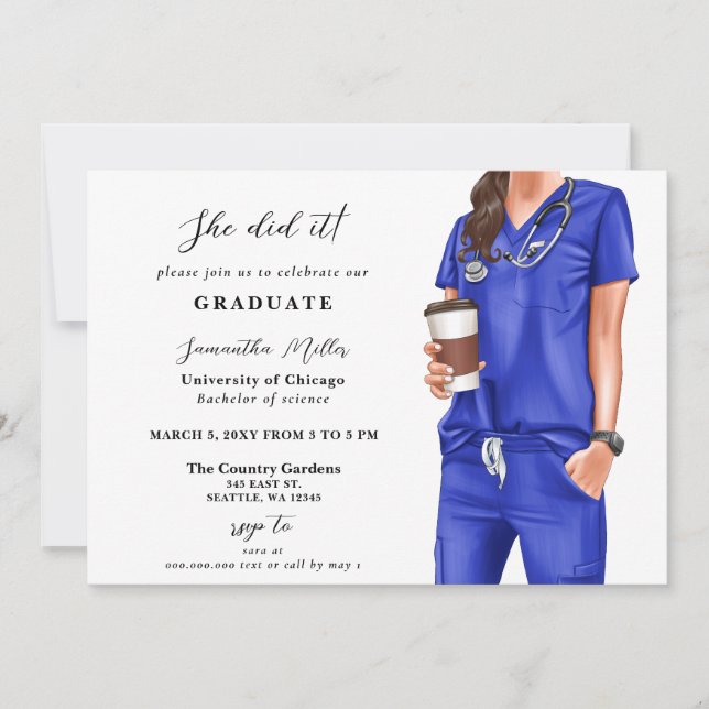 Invitación Foto De Enfermera De Blue Scrubs Se Graduó (Anverso)