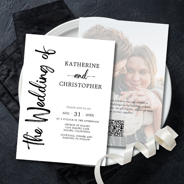 Invitación Foto de escritura formal Boda elegante blanca negr (Formal Script Photo Black White Elegant Wedding Invitation with coordinating wedding stationery.)