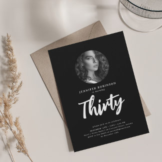 Invitación Foto de escritura mínima 30 cumpleaños negro