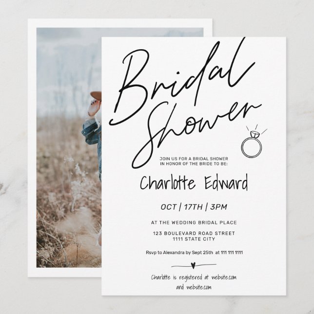 Invitación Foto de escritura moderna con anillo de ducha de n (Anverso / Reverso)