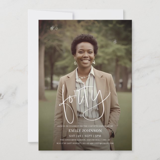 Invitación Foto de escritura moderna de cumpleaños mínimo 40 (Anverso)