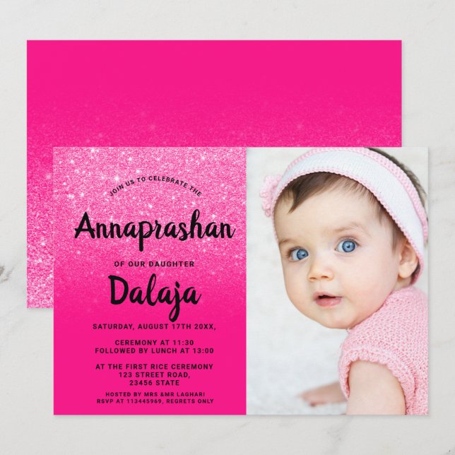 Invitación Foto de escritura nítida purpurina rosa Neon (Anverso / Reverso)