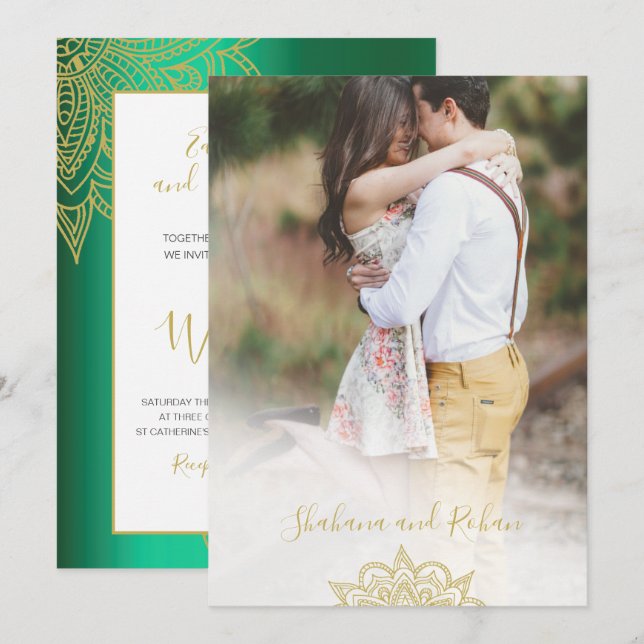 Invitación Foto de estilo indio Oro verde moderno Boda de Mod (Anverso / Reverso)