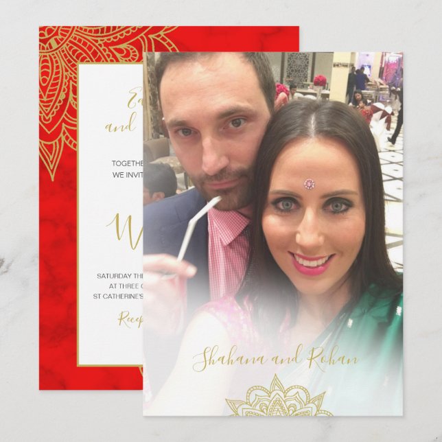 Invitación Foto de estilo indio superpuesta Red Gold Moderno  (Anverso / Reverso)