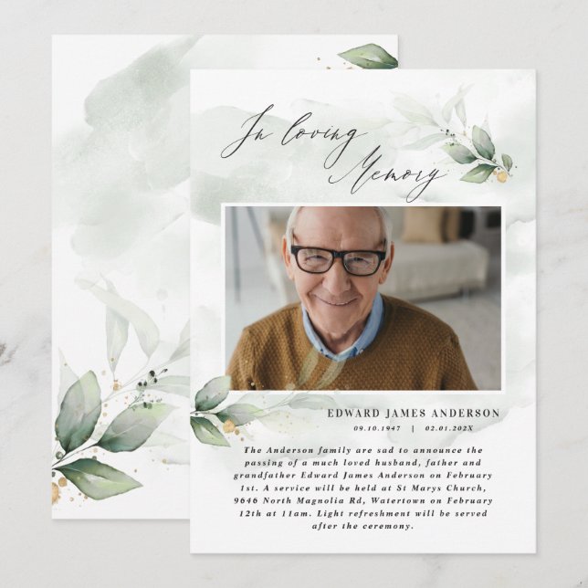 Invitación Foto de Eucalyptus elegante en el funeral de amor  (Anverso / Reverso)