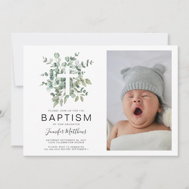 Invitación Foto de Eucalyptus Greenery Baptism (Anverso)