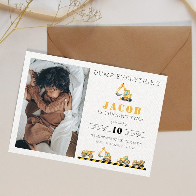 Invitación Foto de excavadora de camión de Cumpleaños de la C (Construction Birthday Invitation)