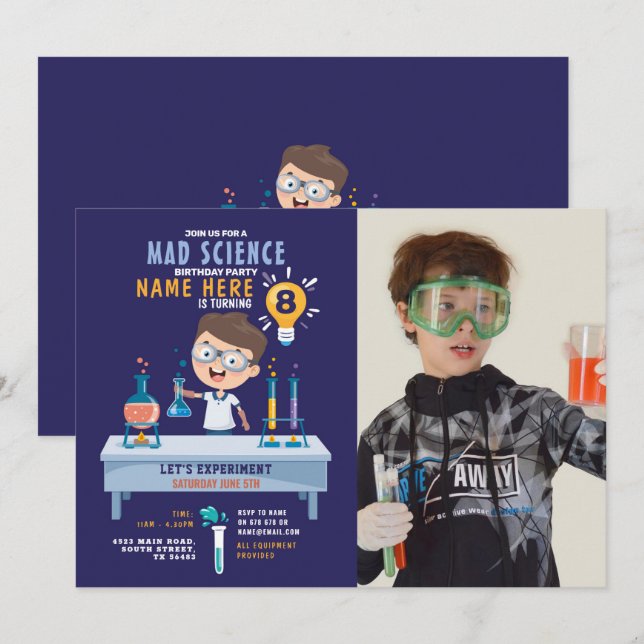 Invitación Foto de Experimento del cumpleaños de Mad Science (Anverso / Reverso)
