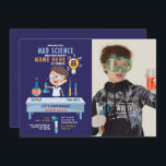Invitación Foto de Experimento del cumpleaños de Mad Science<br><div class="desc">Diseño de invitaciones para la fiesta de cumpleaños de Mad Science perfecto para un chica o un niño. Atrás incluido.</div>