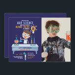 Invitación Foto de Experimento del cumpleaños de Mad Science<br><div class="desc">Diseño de invitaciones para la fiesta de cumpleaños de Mad Science perfecto para un chica o un niño. Atrás incluido.</div>