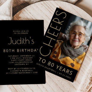 Invitación Foto de Felicidades Cumpleaños 80 Negro Oro