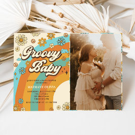 Invitación Foto de Fiesta de Baby Shower Groovy Baby Retro Ra