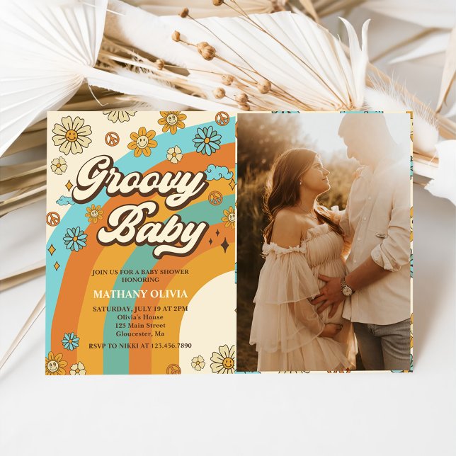 Invitación Foto de Fiesta de Baby Shower Groovy Baby Retro Ra (Subido por el creador)