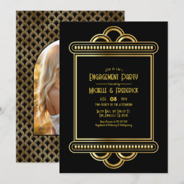 Invitación Foto de fiesta de compromiso Art Déco dorada y neg