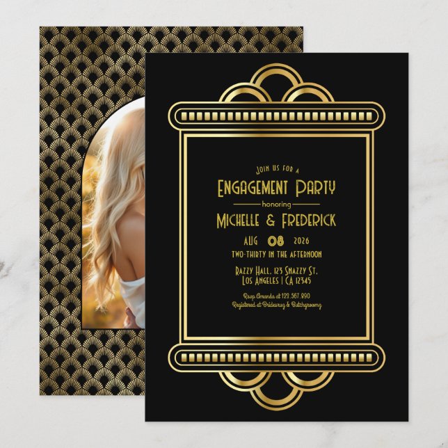 Invitación Foto de fiesta de compromiso Art Déco dorada y neg (Anverso / Reverso)
