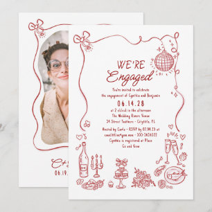 Invitación Foto de fiesta de compromiso caprichosa dibujada a
