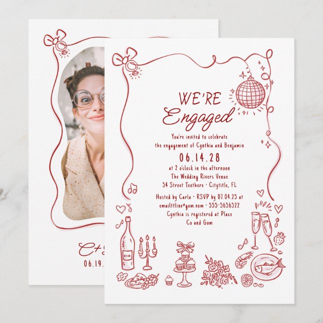 Invitación Foto de fiesta de compromiso caprichosa dibujada a (Anverso / Reverso)
