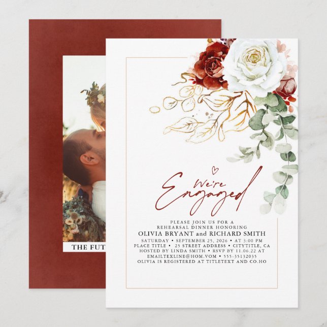 Invitación Foto de fiesta de compromiso floral roja Burgundy  (Anverso / Reverso)