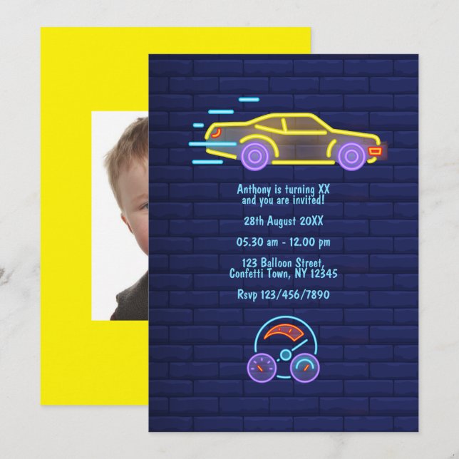 Invitación Foto de fiesta de cumpleaños con coche de carreras (Anverso / Reverso)