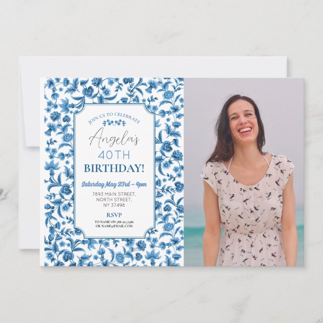 Invitación Foto de fiesta de cumpleaños con decoración floral (Anverso)