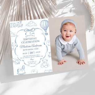 Invitación Foto de Fiesta de Cumpleaños con Lazo Azul Toile D