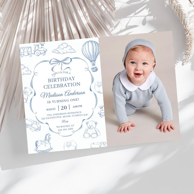 Invitación Foto de Fiesta de Cumpleaños con Lazo Azul Toile D (Subido por el creador)