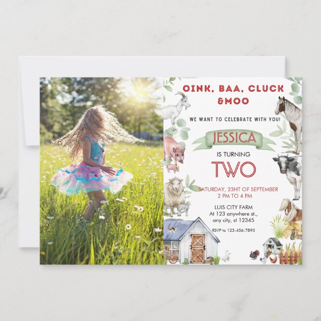 Invitación Foto de fiesta de cumpleaños de animales de granja (Anverso)