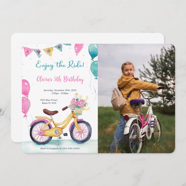 Invitación Foto de fiesta de cumpleaños de bicicleta rosa y a (Anverso / Reverso)