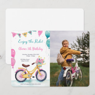 Invitación Foto de fiesta de cumpleaños de bicicleta rosa y a