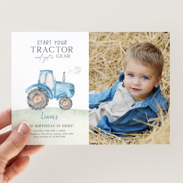 Invitación Foto de fiesta de cumpleaños de Blue Tractor (Subido por el creador)
