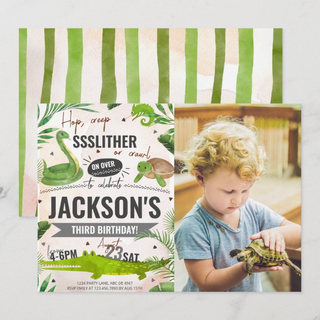 Invitación Foto de fiesta de cumpleaños de Boy Reptiles (Anverso / Reverso)