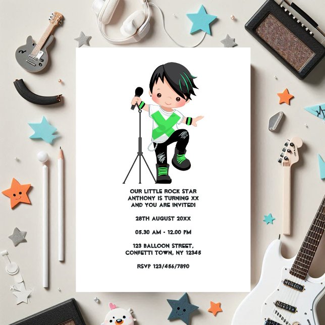 Invitación Foto de fiesta de cumpleaños de Cute Boy Rock Star (Cute Boy Rock Star Birthday Party Photo Invitation)