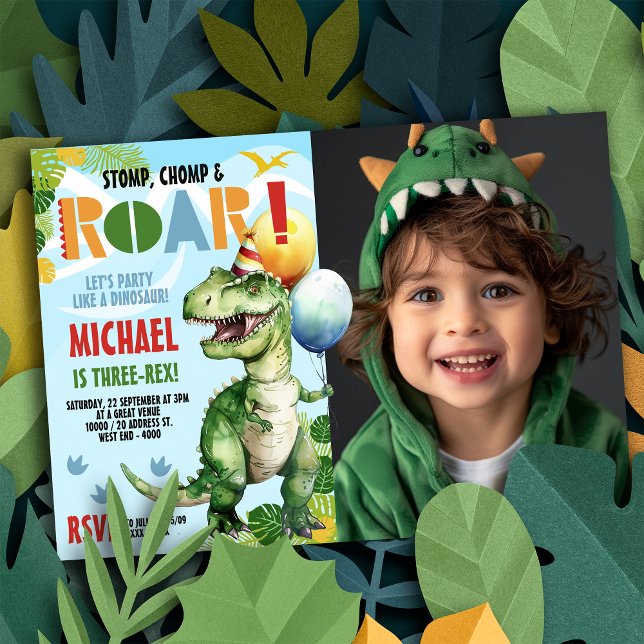Invitación Foto De Fiesta De Cumpleaños De Dinosaurios Tres R (Stomp, chomp and roar!  You will party like a dinosaur with our Three-rex invitation!)