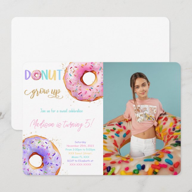 Invitación Foto de fiesta de cumpleaños de Donut Rosado (Anverso / Reverso)