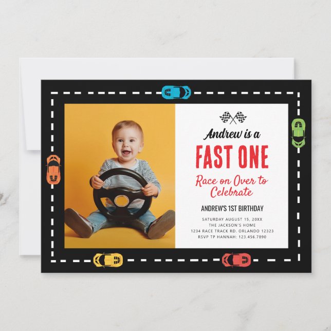 Invitación Foto de fiesta de cumpleaños de Fast One Race Trac (Anverso)