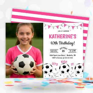 Invitación Foto de fiesta de cumpleaños de fútbol rosa